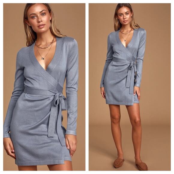 NEW Lulus Literary Lover Slate Blue Wrap Knit Dress Size Smalll - Picture 1 of 8